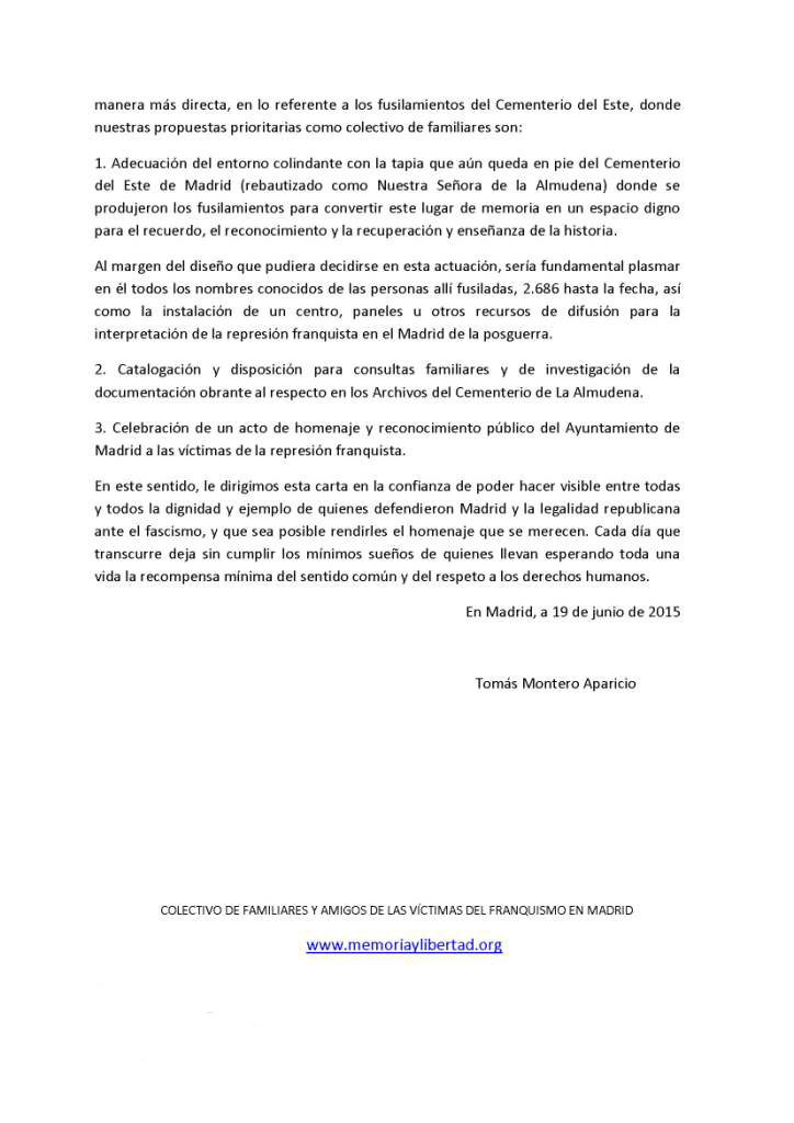 Carta a Manuela Carmena, Alcaldesa de Madrid. Reverso